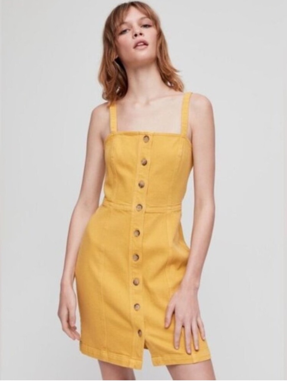 NWT Wilfred Free Shasta Front Button Down Denim Jean Dress Mini Mustard Yellow
